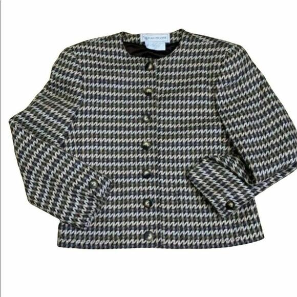 Evan Picone vtg union made wool button front blazer ivory brown suit Sz 10 - Picture 1 of 11
